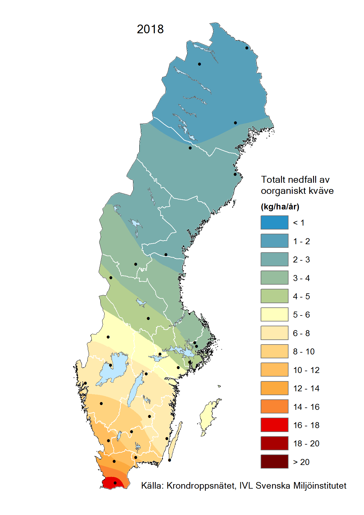 Totalt nedfall av oorganiskt kväve till barrskog 2018