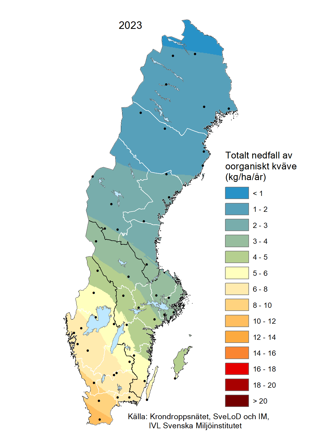 Totalt nedfall av oorganiskt kväve till barrskog 2023