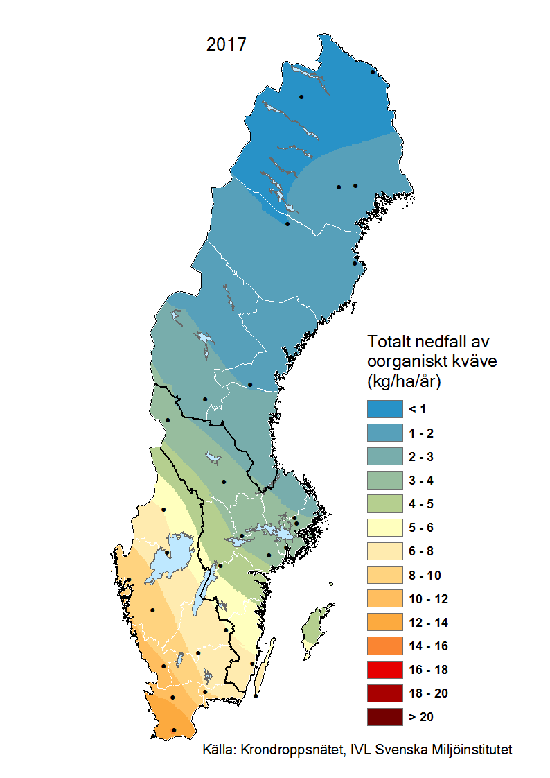 Totalt nedfall av oorganiskt kväve till barrskog 2017
