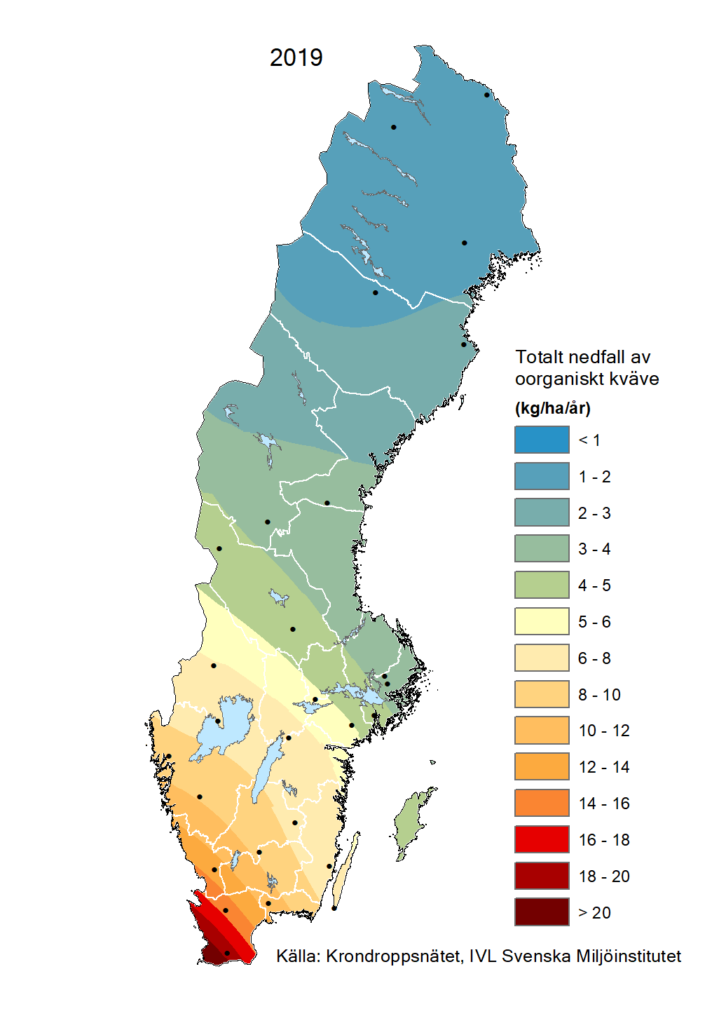 Totalt nedfall av oorganiskt kväve till barrskog 2019