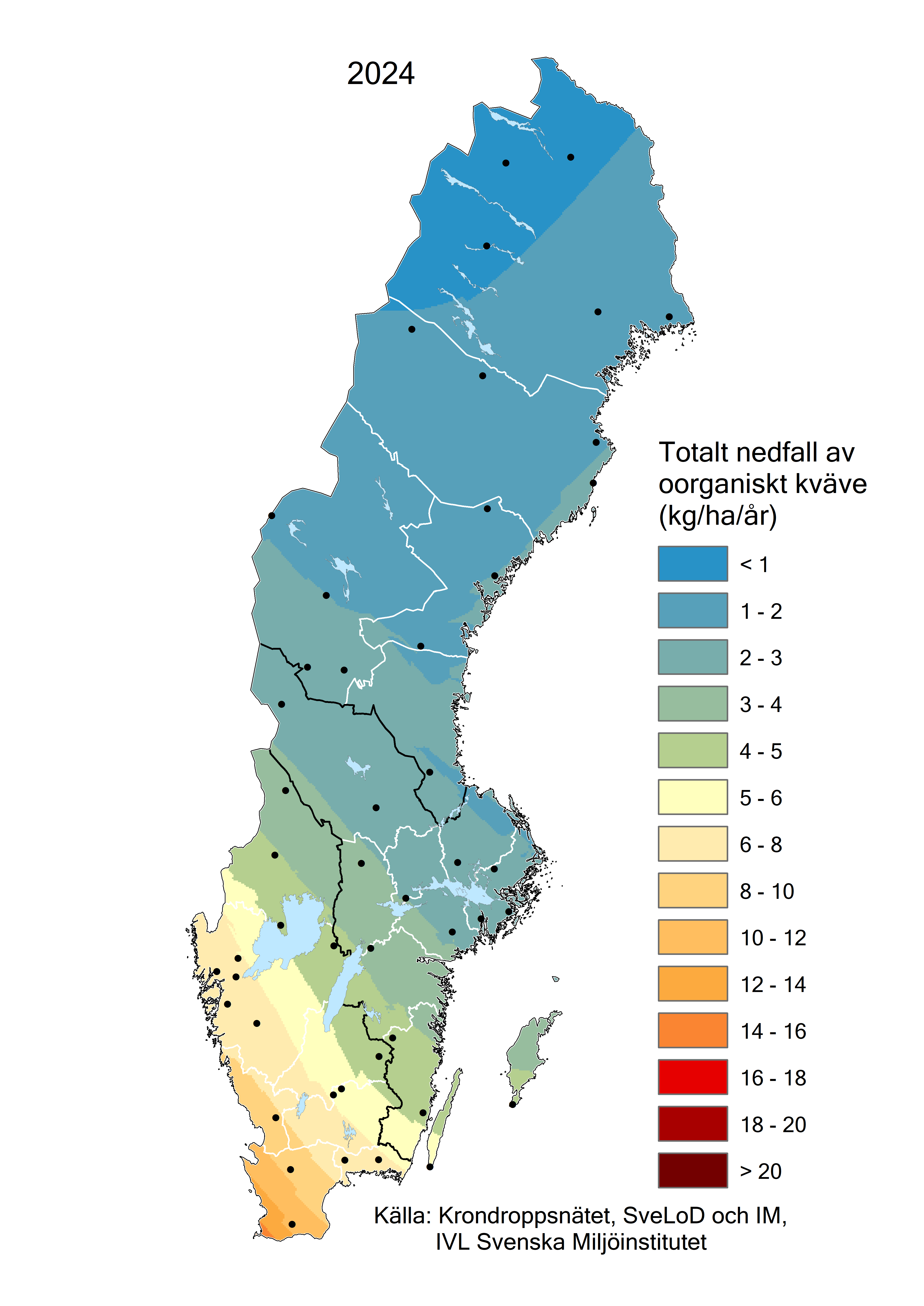 Totalt nedfall av oorganiskt kväve till barrskog 2024