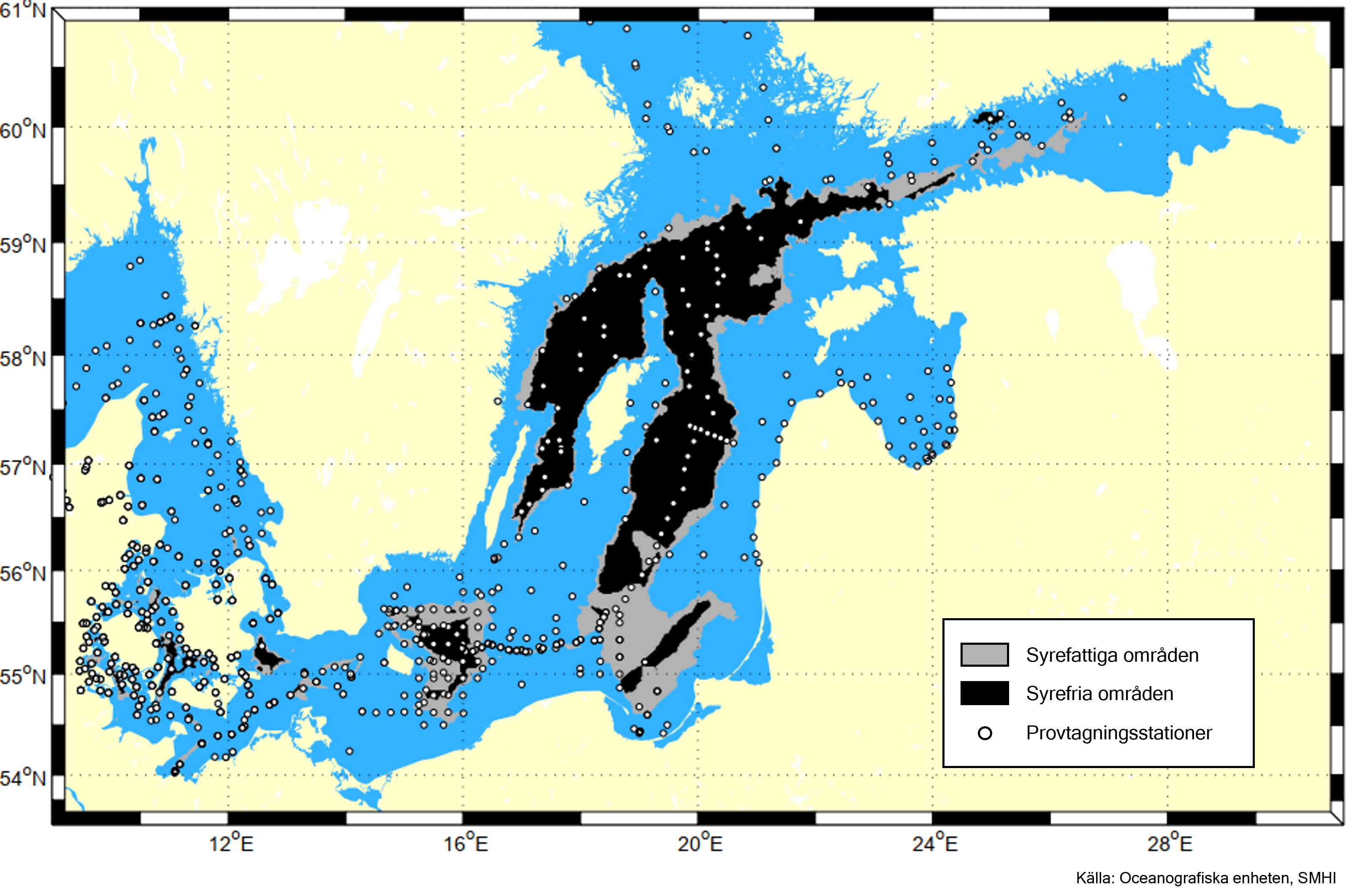 Utbredning av syrefattigt och syrefritt bottenvatten